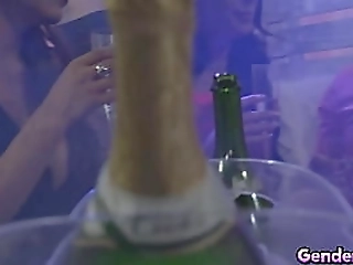 brunette slut rides a blonde shemale pole