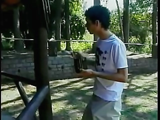 stud sucks tranny cock then fucks her ass and cums on her belly on the lawn