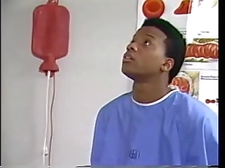 shemale nurse takes off her robe and rides a patient'_s black cock