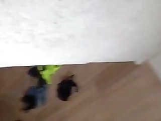 brunette ladyboy in jean shorts gets fucked by a guy in