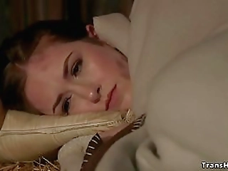 brunette sucks and fucks busty shemale